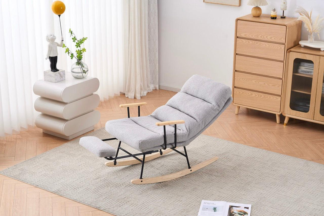 Hintaszék fa lábakkal, plüss szövettel, 4 fokozatban állítható háttámlával, Szürke színben-VASBÚTOR