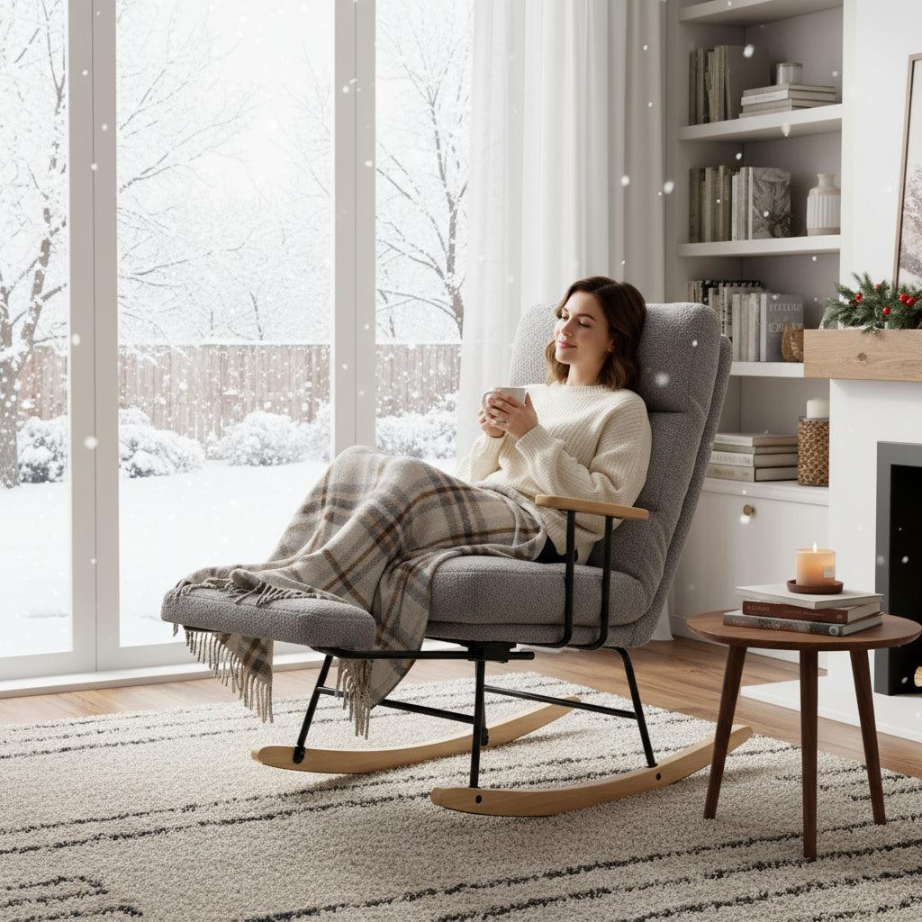 Hintaszék fa lábakkal, plüss szövettel, 4 fokozatban állítható háttámlával, Szürke színben-VASBÚTOR