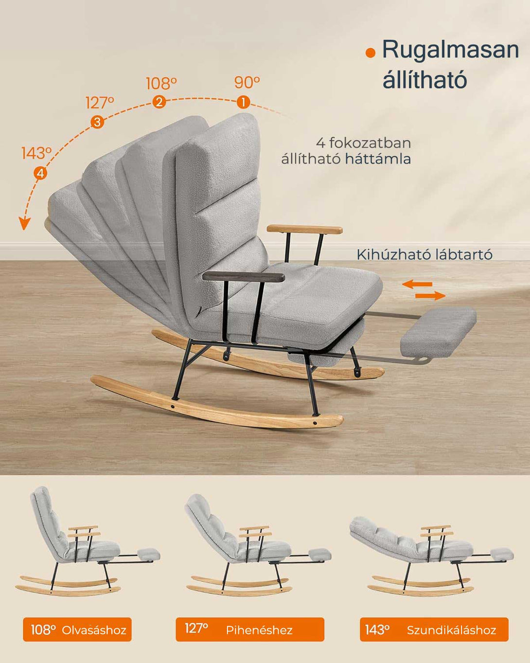 Hintaszék fa lábakkal, plüss szövettel, 4 fokozatban állítható háttámlával, Szürke színben-VASBÚTOR