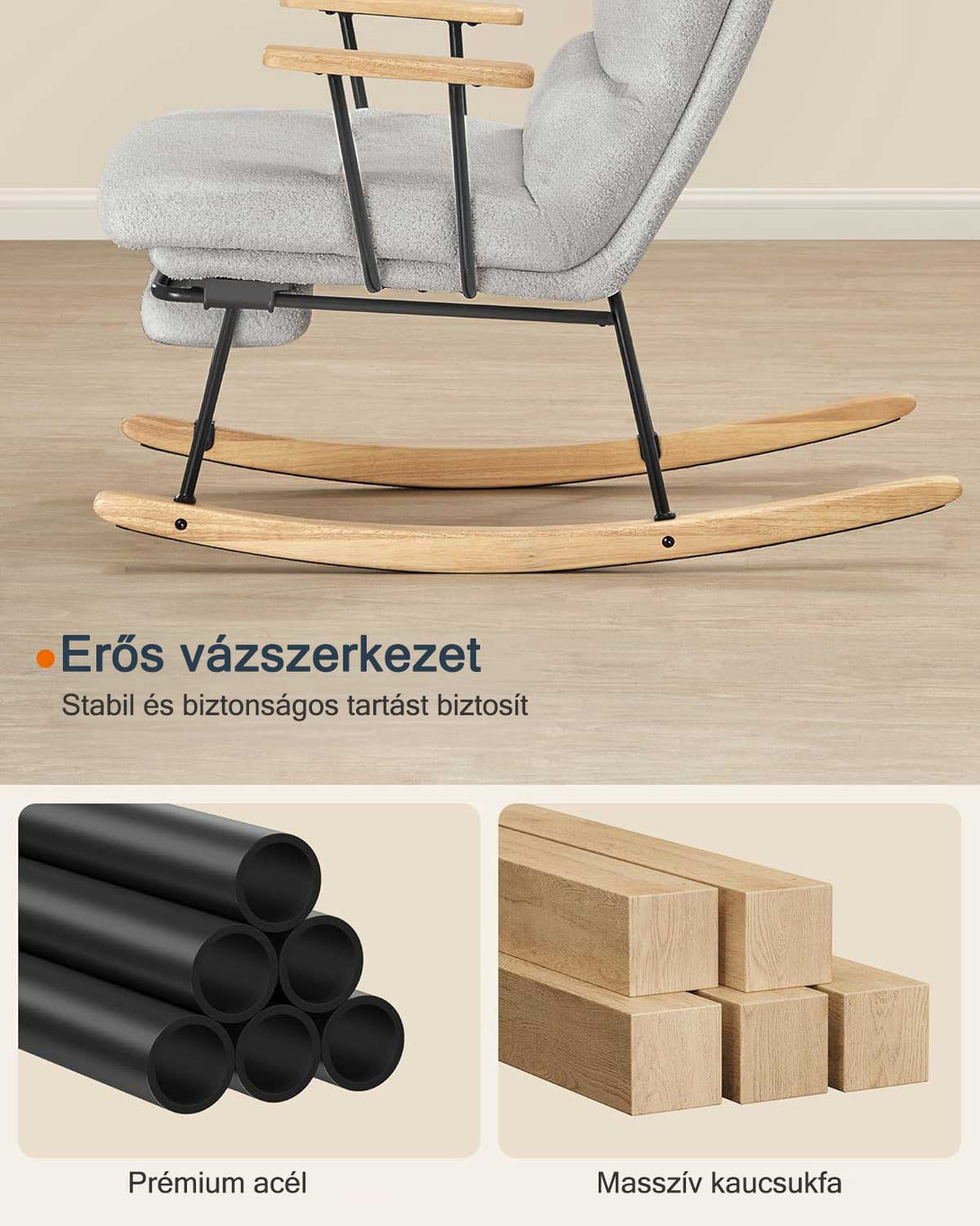 Hintaszék fa lábakkal, plüss szövettel, 4 fokozatban állítható háttámlával, Szürke színben-VASBÚTOR