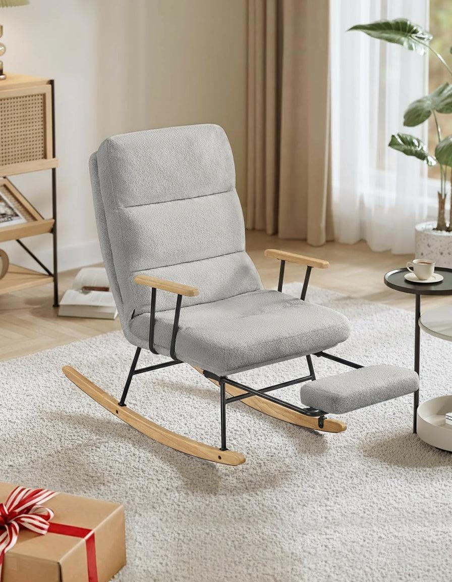 Hintaszék fa lábakkal, plüss szövettel, 4 fokozatban állítható háttámlával, Szürke színben-VASBÚTOR