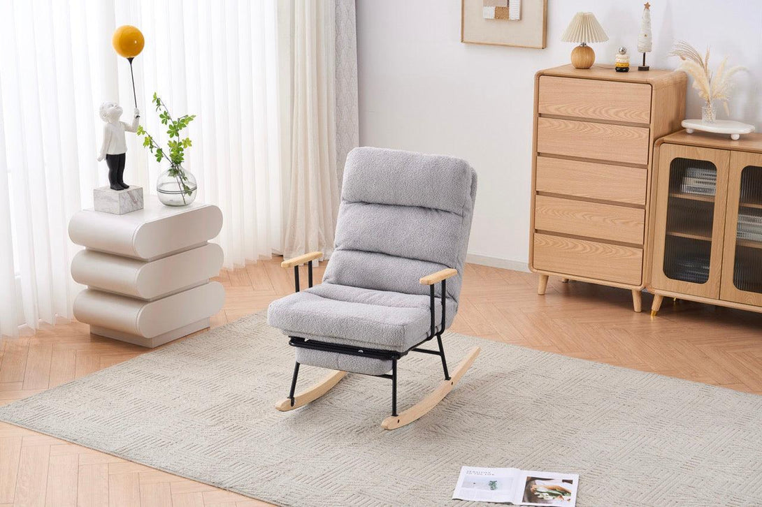Hintaszék fa lábakkal, plüss szövettel, 4 fokozatban állítható háttámlával, Szürke színben-VASBÚTOR