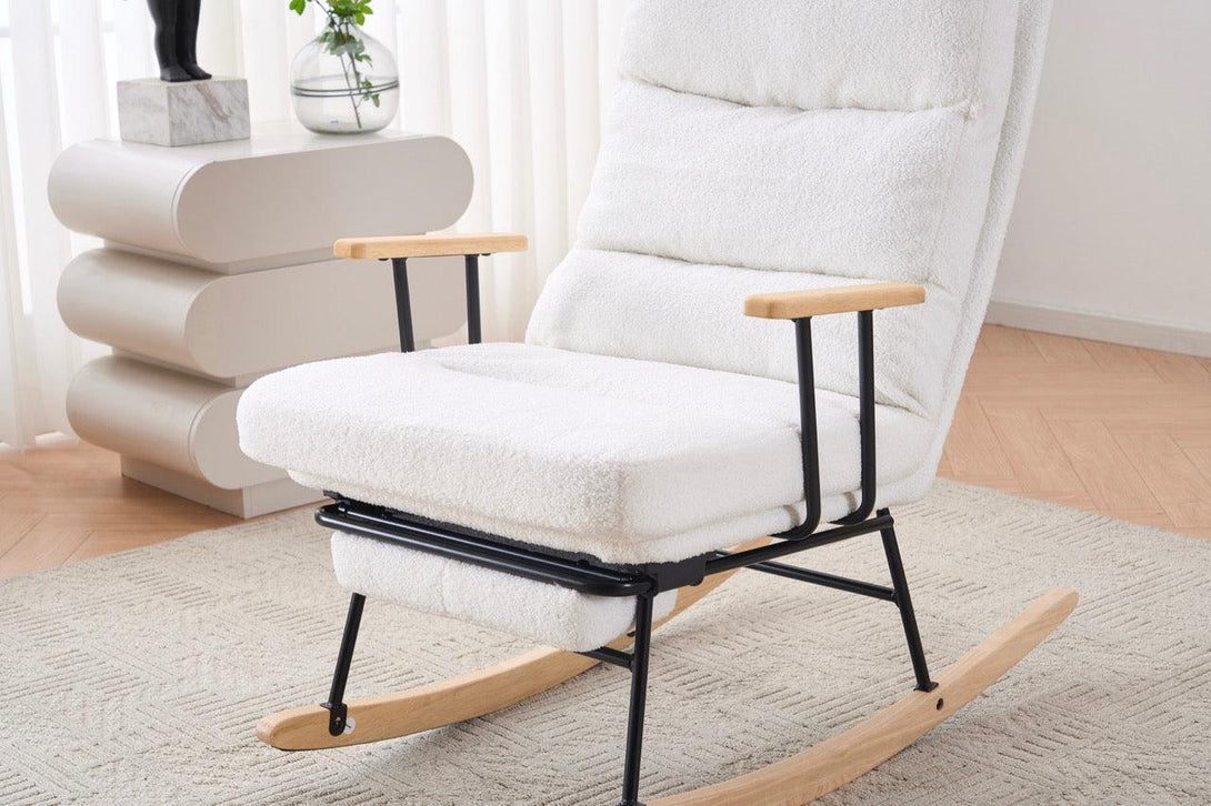 Hintaszék fa lábakkal, plüss szövettel, 4 fokozatban állítható háttámlával, fehér-VASBÚTOR