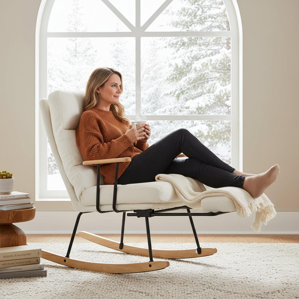 Hintaszék fa lábakkal, plüss szövettel, 4 fokozatban állítható háttámlával, fehér-VASBÚTOR