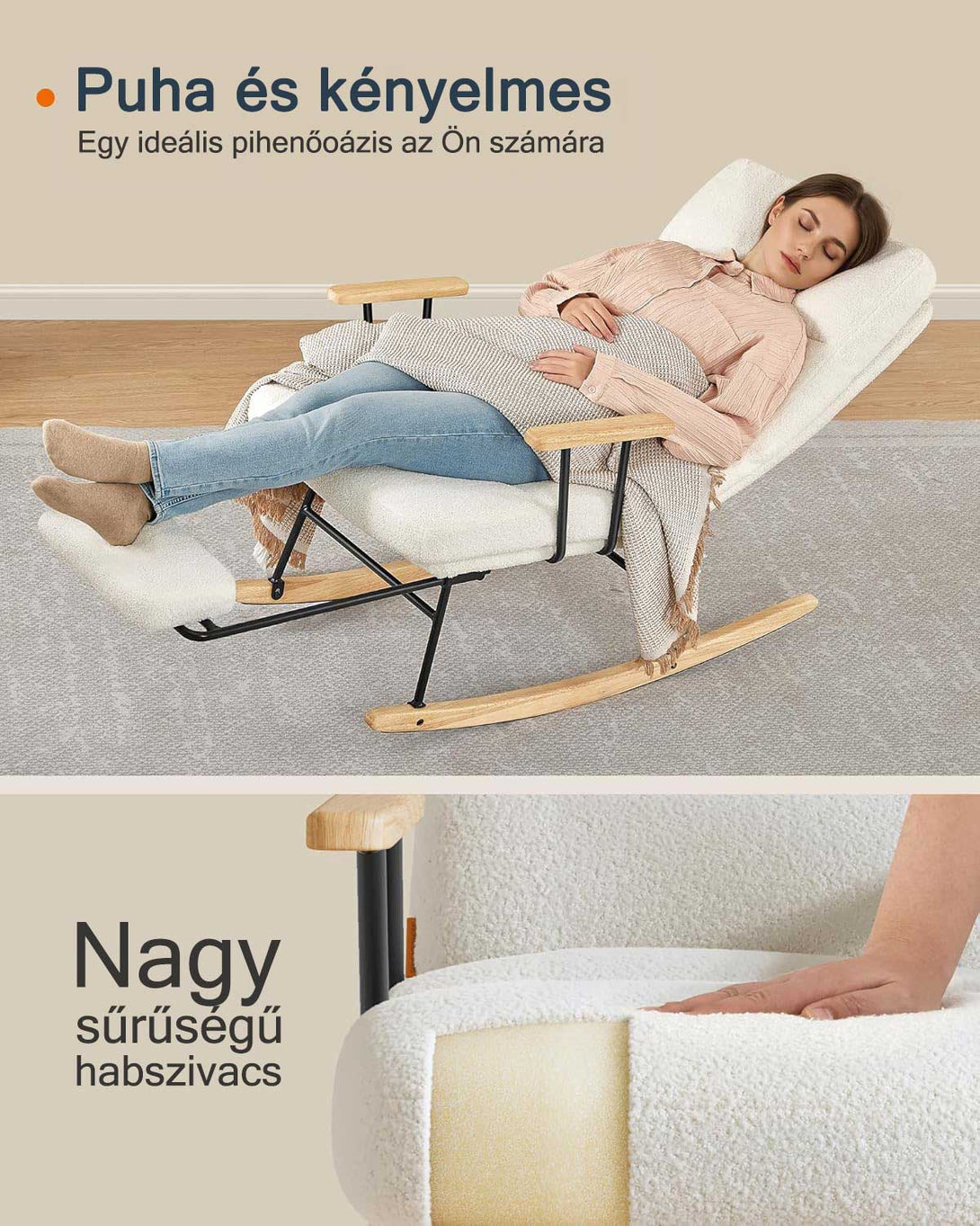 Hintaszék fa lábakkal, plüss szövettel, 4 fokozatban állítható háttámlával, fehér-VASBÚTOR