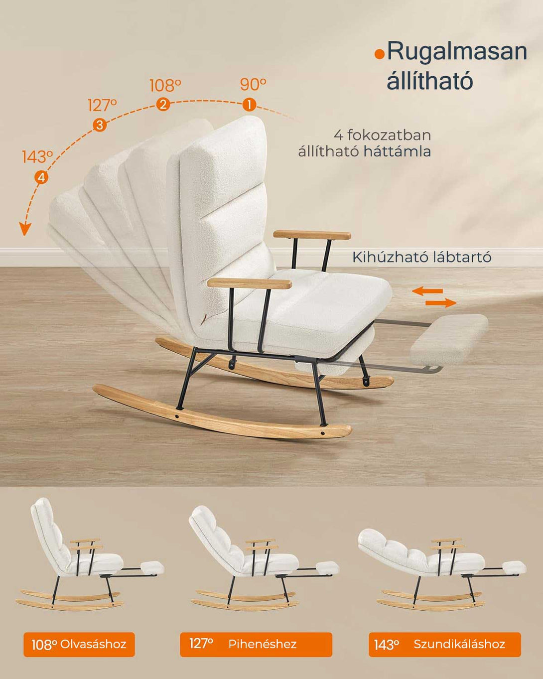 Hintaszék fa lábakkal, plüss szövettel, 4 fokozatban állítható háttámlával, fehér-VASBÚTOR