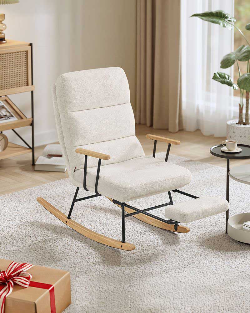 Hintaszék fa lábakkal, plüss szövettel, 4 fokozatban állítható háttámlával, fehér-VASBÚTOR