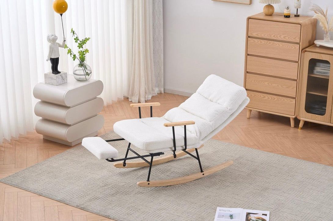 Hintaszék fa lábakkal, plüss szövettel, 4 fokozatban állítható háttámlával, fehér-VASBÚTOR