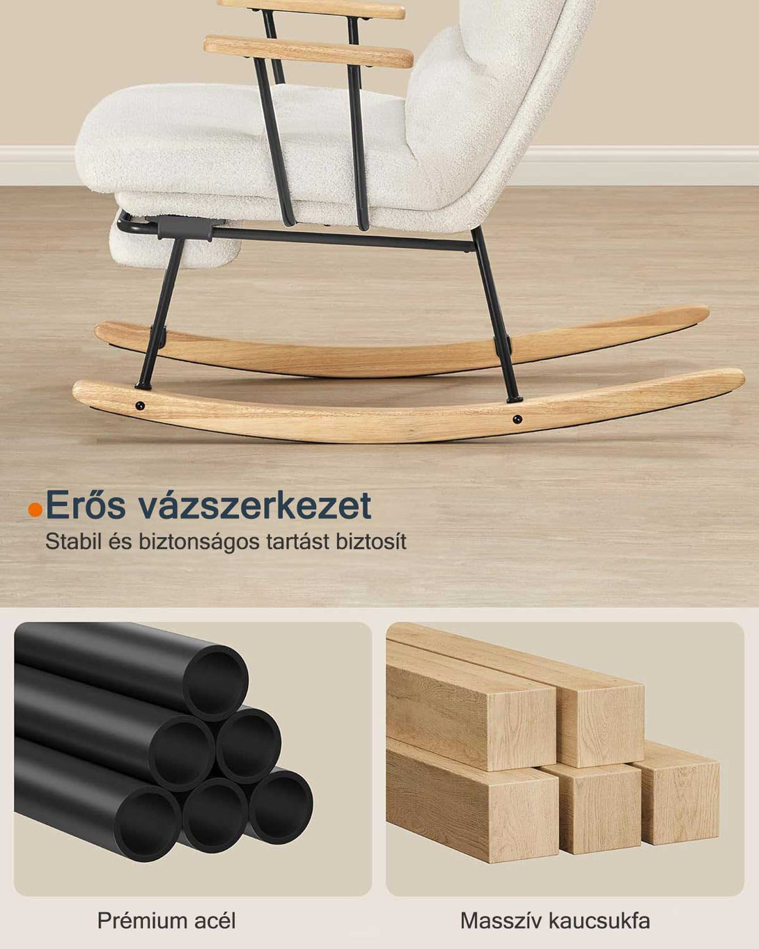 Hintaszék fa lábakkal, plüss szövettel, 4 fokozatban állítható háttámlával, fehér-VASBÚTOR