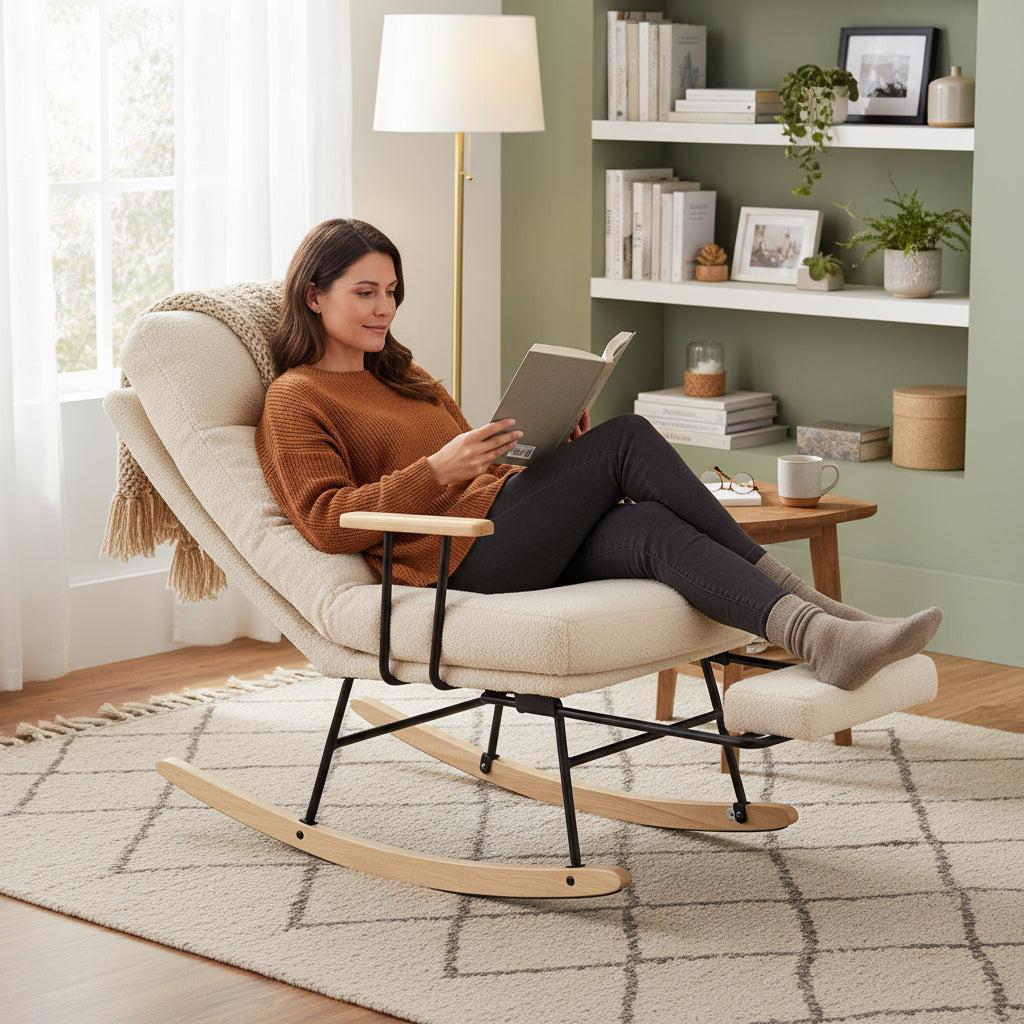 Hintaszék fa lábakkal, plüss szövettel, 4 fokozatban állítható háttámlával, krémfehér-VASBÚTOR