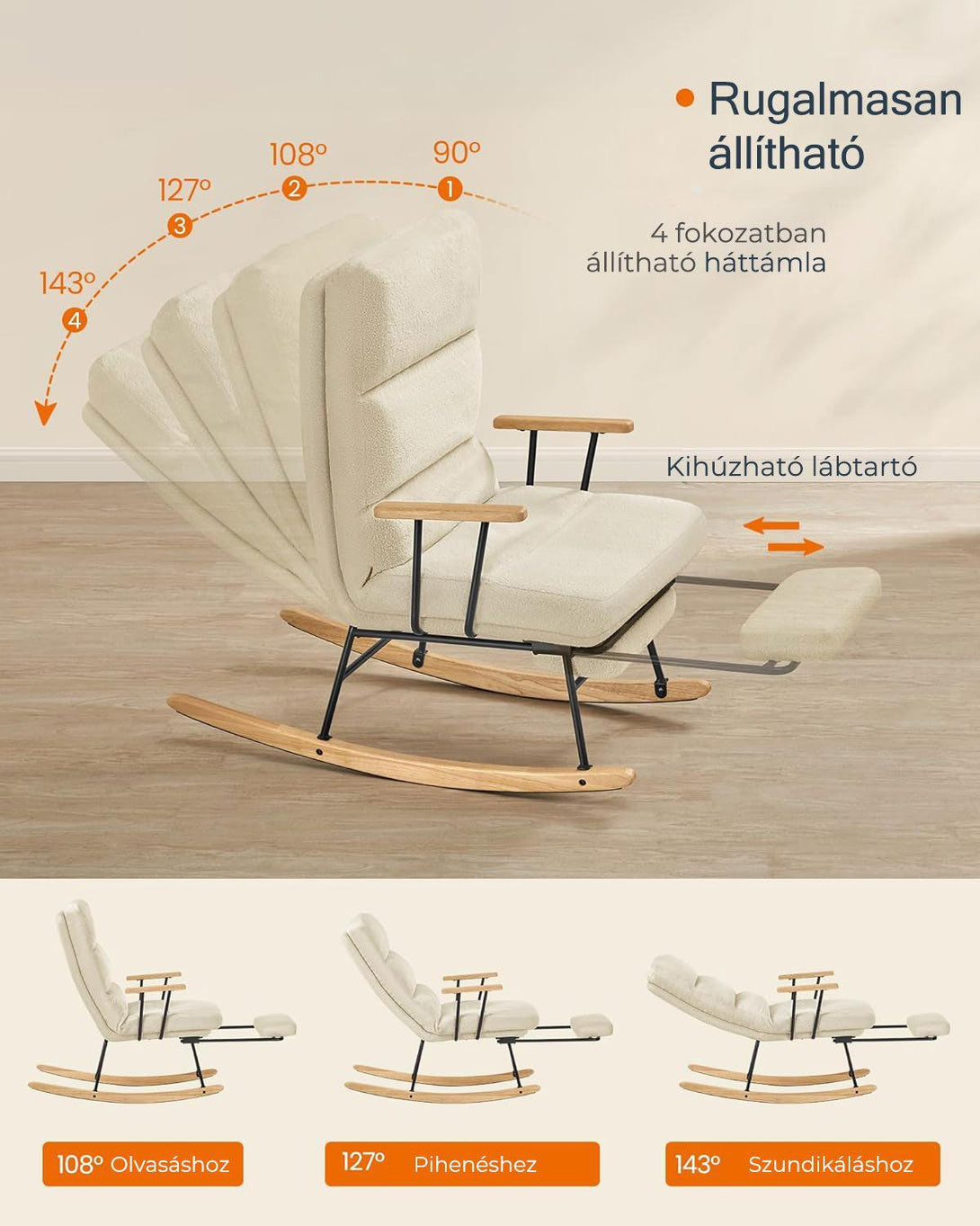 Hintaszék fa lábakkal, plüss szövettel, 4 fokozatban állítható háttámlával, krémfehér-VASBÚTOR