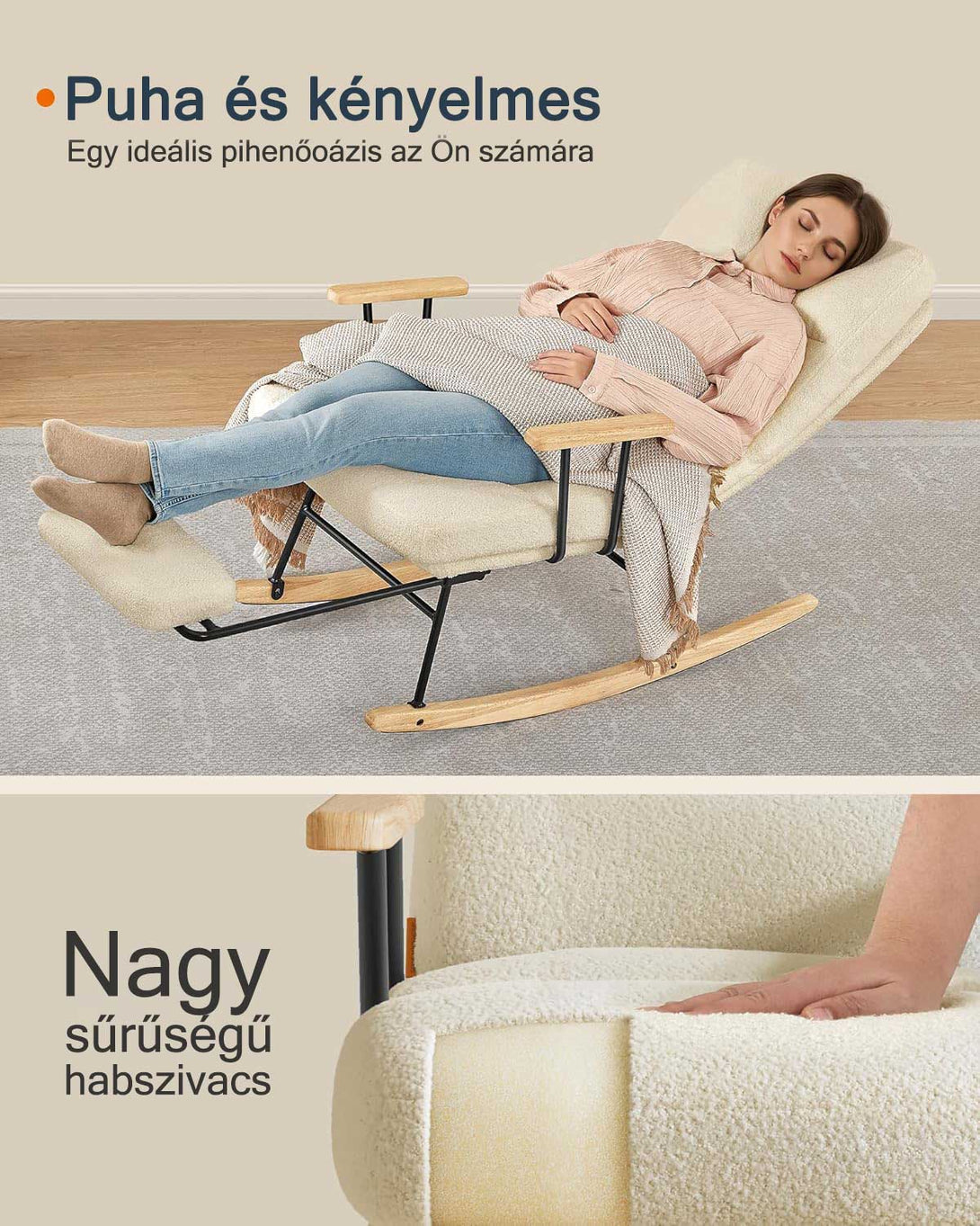 Hintaszék fa lábakkal, plüss szövettel, 4 fokozatban állítható háttámlával, krémfehér-VASBÚTOR