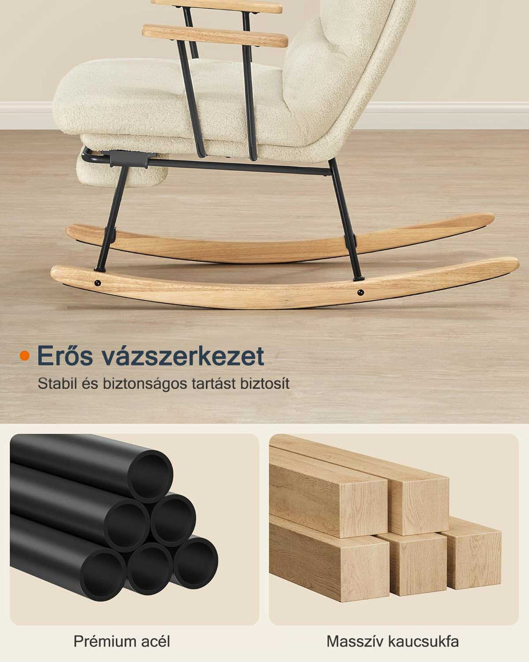 Hintaszék fa lábakkal, plüss szövettel, 4 fokozatban állítható háttámlával, krémfehér-VASBÚTOR