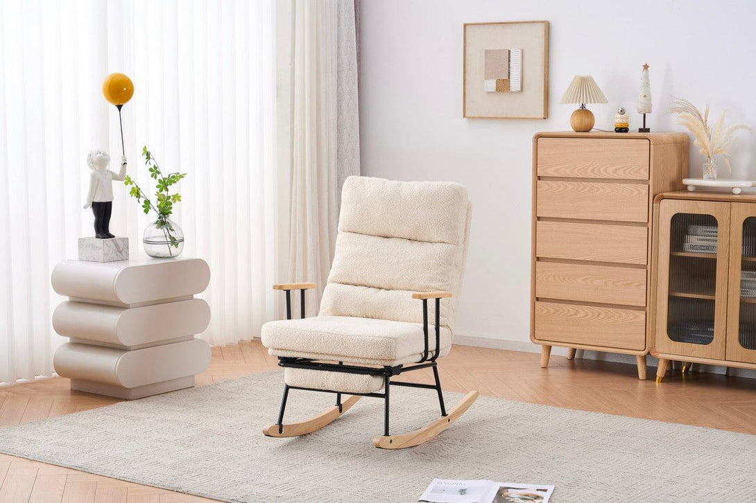 Hintaszék fa lábakkal, plüss szövettel, 4 fokozatban állítható háttámlával, krémfehér-VASBÚTOR