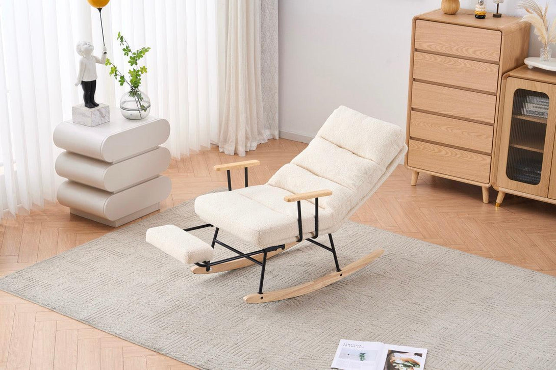 Hintaszék fa lábakkal, plüss szövettel, 4 fokozatban állítható háttámlával, krémfehér-VASBÚTOR