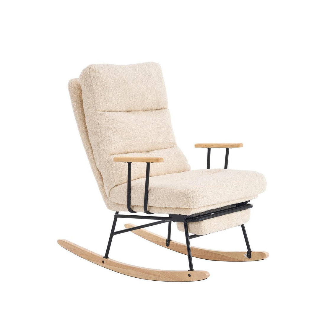 Hintaszék fa lábakkal, plüss szövettel, 4 fokozatban állítható háttámlával, krémfehér-VASBÚTOR