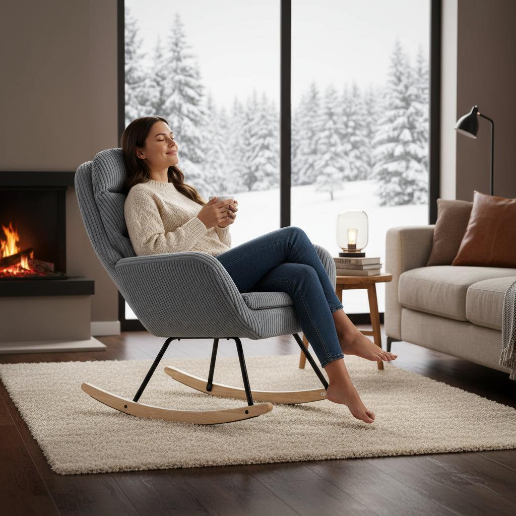 Hintaszék, relaxációs szék kordbársony kárpitozással, szürke-VASBÚTOR