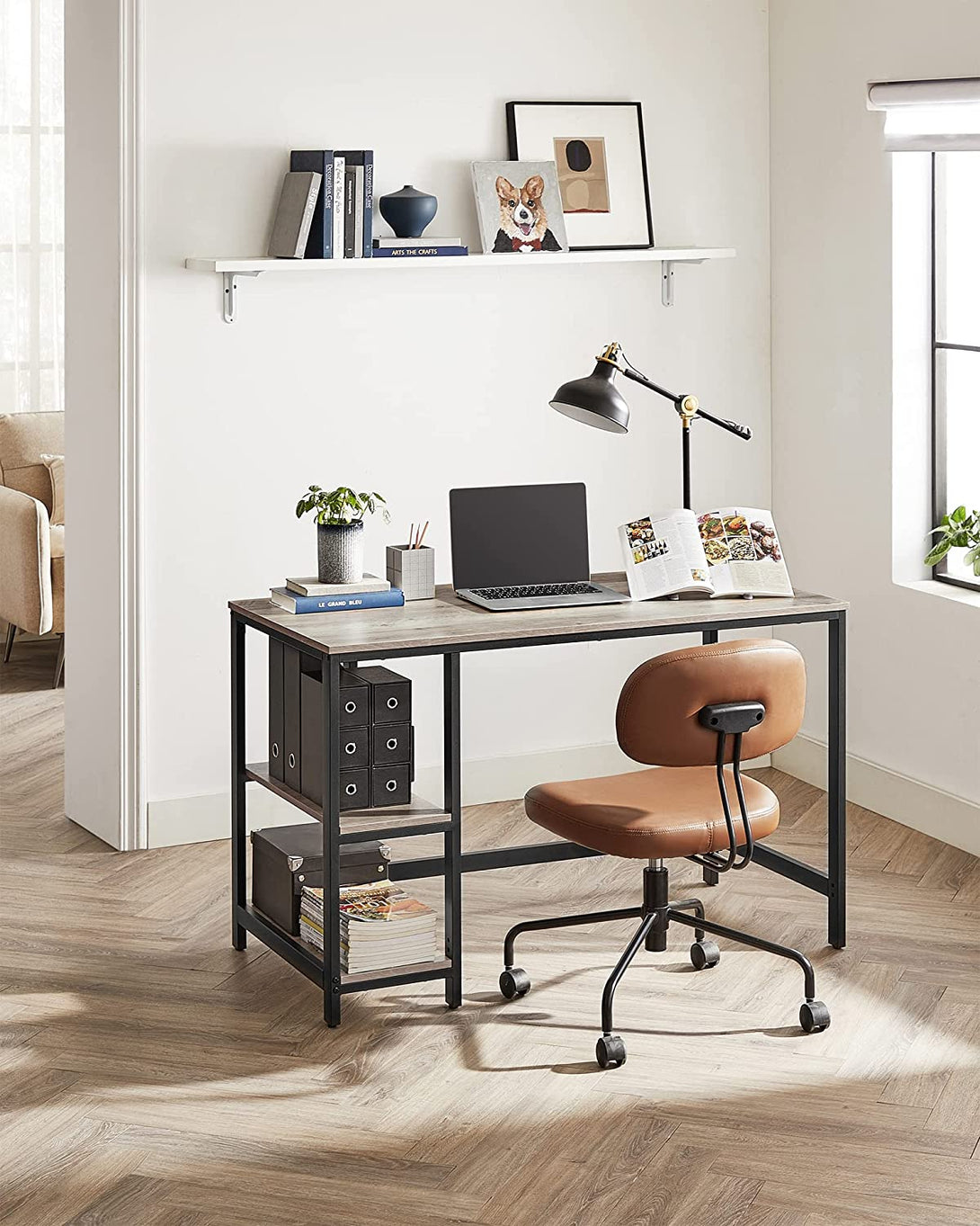 Íróasztal 120x60 cm, számítógépes asztal 2 polccal bal vagy jobb oldalon, greige-VASBÚTOR