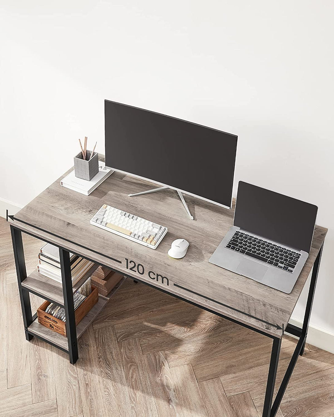 Íróasztal 120x60 cm, számítógépes asztal 2 polccal bal vagy jobb oldalon, greige-VASBÚTOR