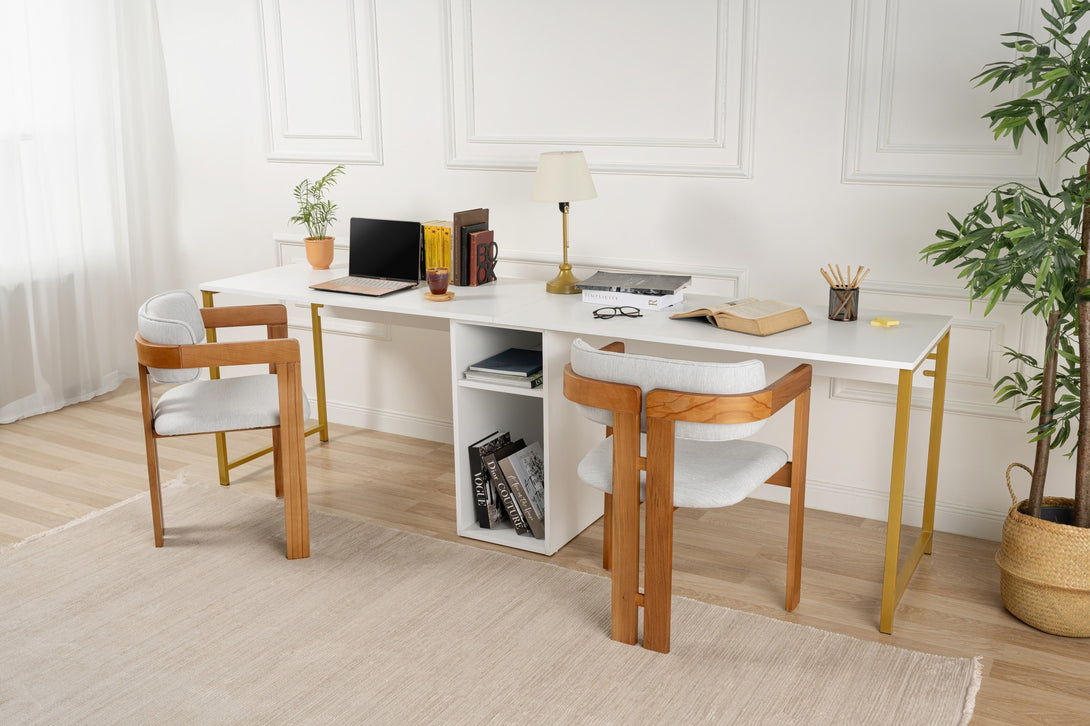 Íróasztal Twin Study Desk - Fehér, Arany-VASBÚTOR