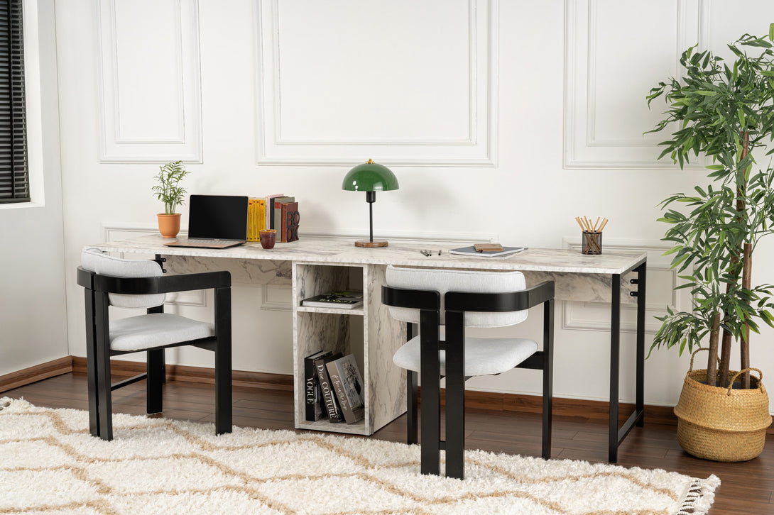 Íróasztal Twin Study Desk - Freesia Marble, Fekete-VASBÚTOR