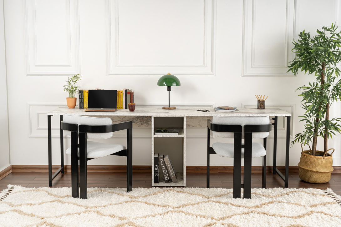 Íróasztal Twin Study Desk - Freesia Marble, Fekete-VASBÚTOR