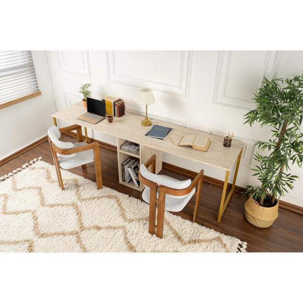 Íróasztal Twin Study Desk - Travertine, 240x70 cm, Arany-VASBÚTOR