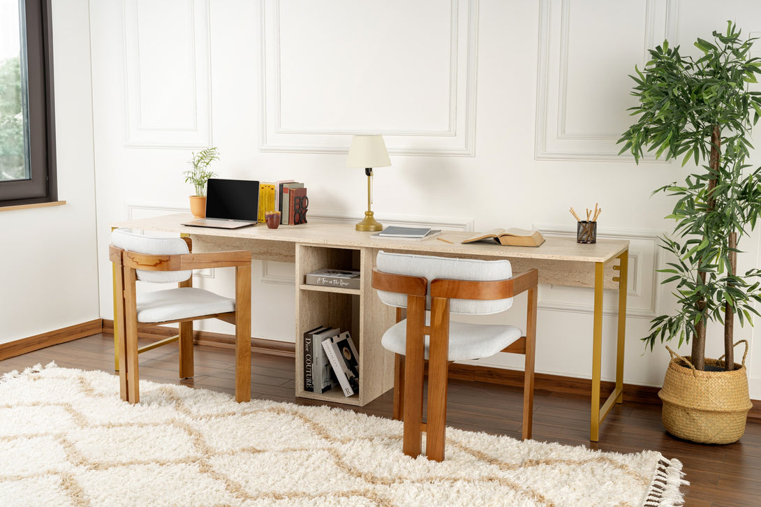 Íróasztal Twin Study Desk - Travertine, Arany-VASBÚTOR