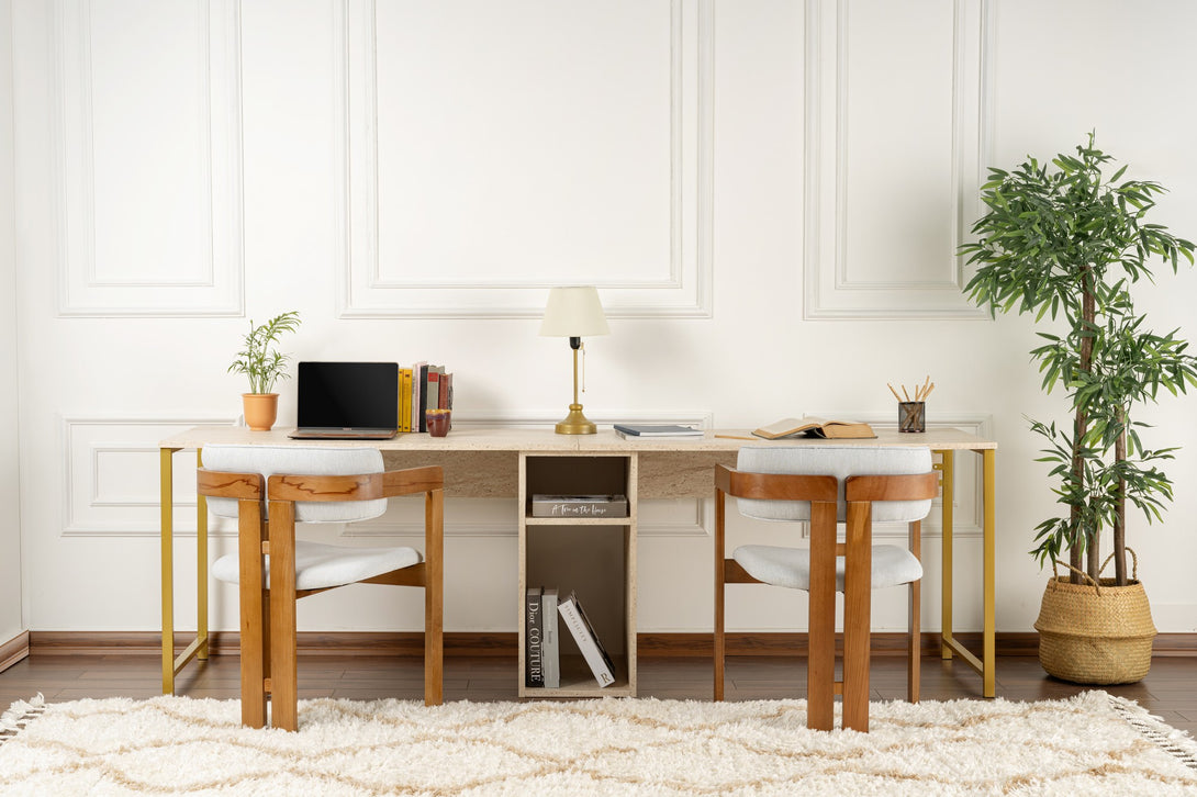 Íróasztal Twin Study Desk - Travertine, Arany-VASBÚTOR