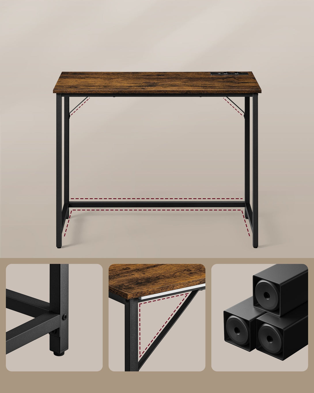 Irodai asztal, számítógépes asztal LED lámpákkal, 50x100 cm, rusztikus barna-fekete-VASBÚTOR