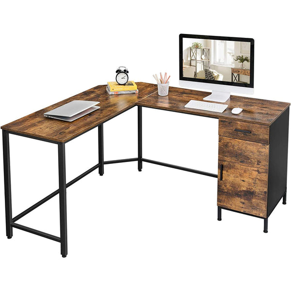 Irodai asztal szekrénnyel, L alakú asztal fiókos szekrénnyel, barna-fekete-VASBÚTOR