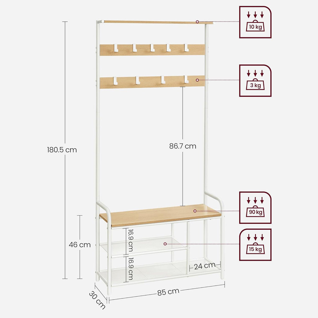 Kabáttartó állvány, előszobafal paddal és cipőtárolóval 30x85x180,5 cm, tölgy és fehér-VASBÚTOR
