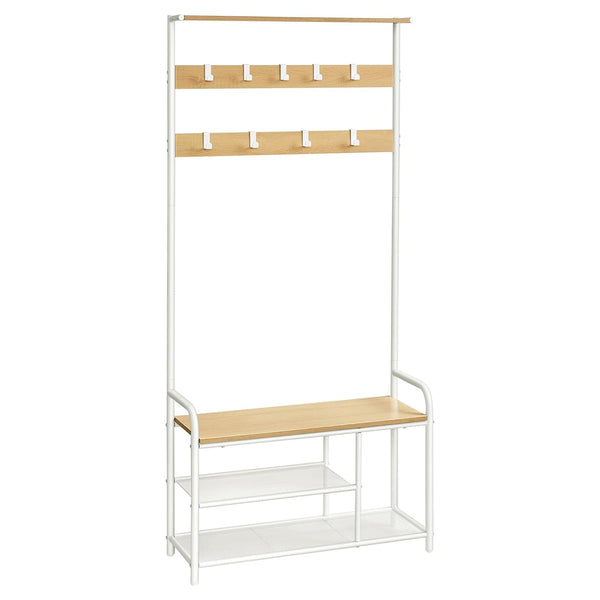 Kabáttartó állvány, előszobafal paddal és cipőtárolóval 30x85x180,5 cm, tölgy és fehér-VASBÚTOR