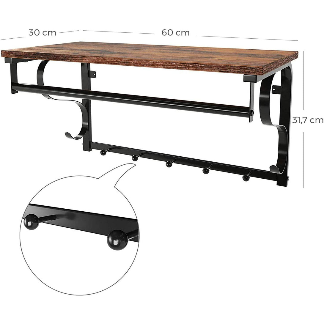Kabáttartó polc, falra szerelhető 5 kampóval rusztikus barna 60 x 30 x 31,7 cm, fekete-VASBÚTOR