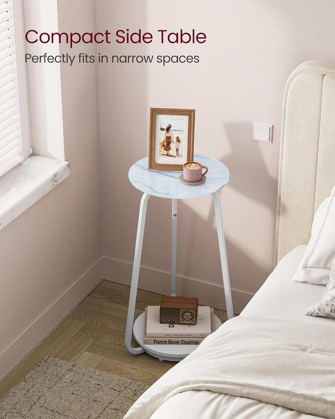 Kerek lerakóasztal, 2 szintes, üveglappal, márvány mintás fehér-VASBÚTOR