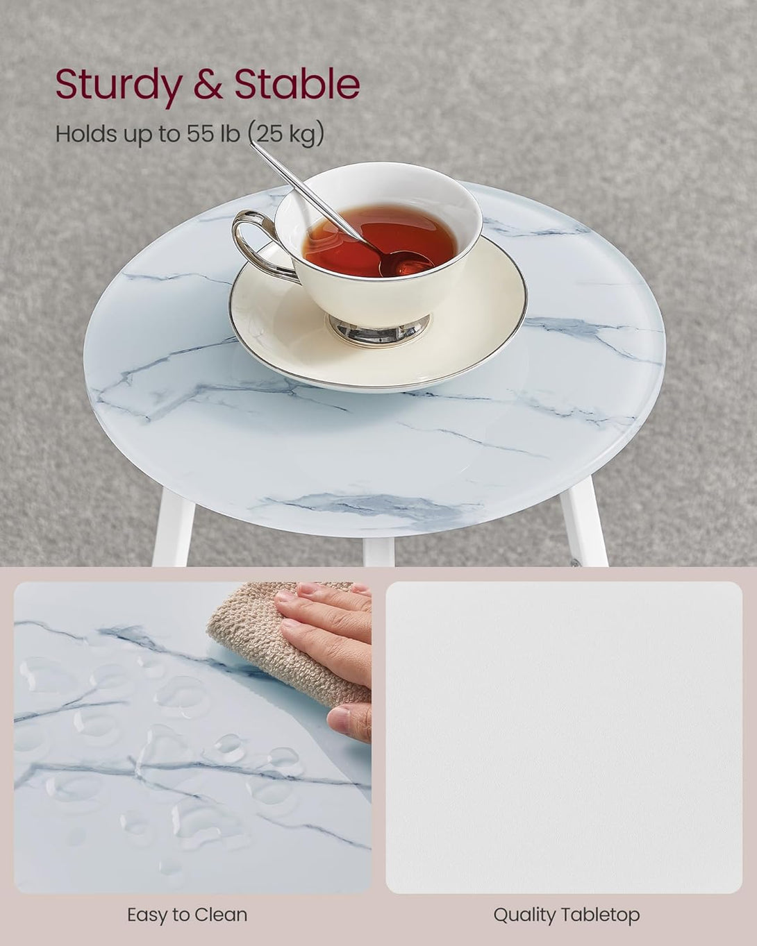 Kerek lerakóasztal, 2 szintes, üveglappal, márvány mintás fehér-VASBÚTOR