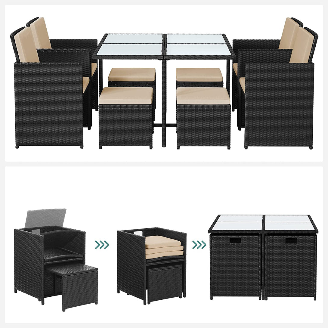 Kerti bútor szett étkezőasztal és székek, 9 db, fekete és bézs-VASBÚTOR