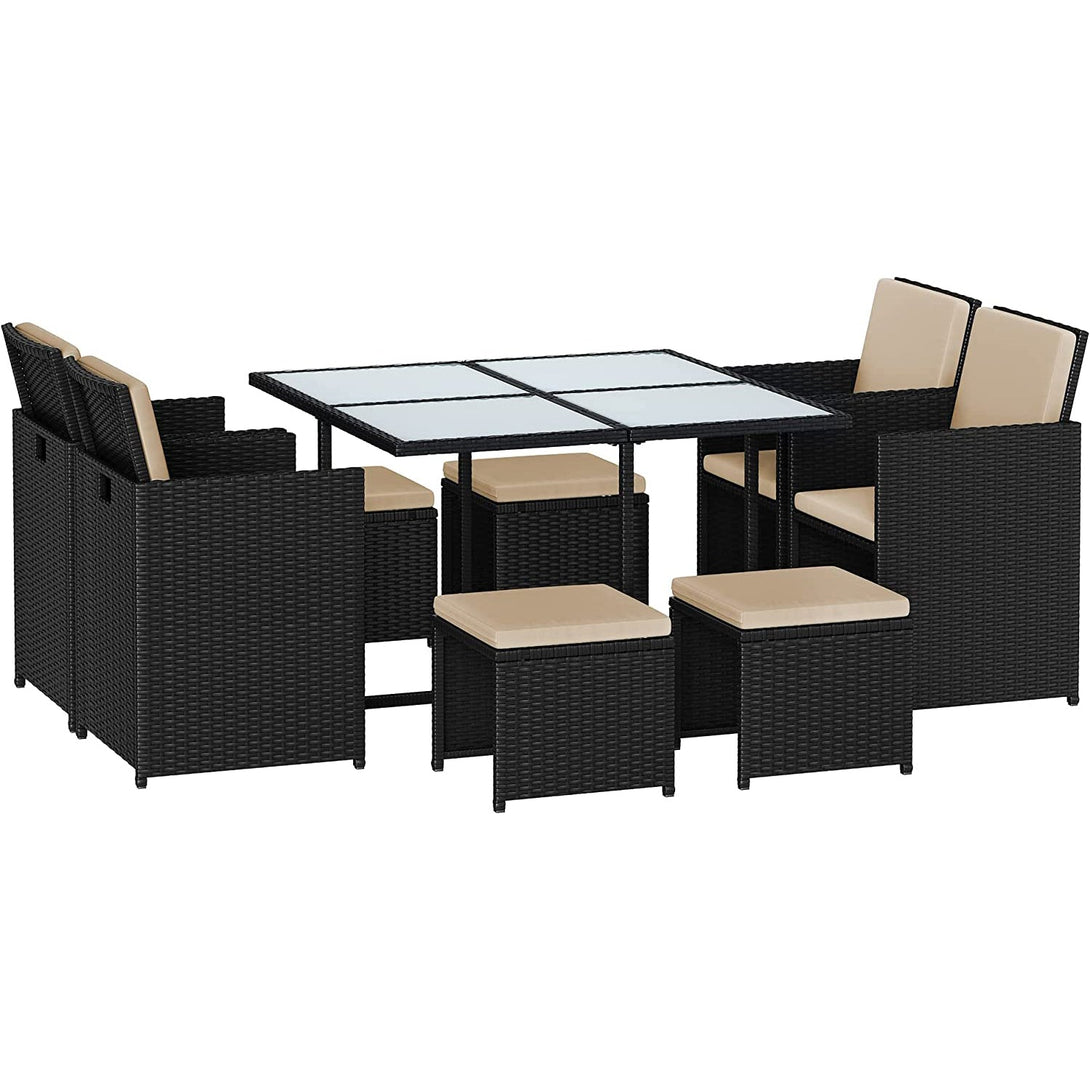 Kerti bútor szett étkezőasztal és székek, 9 db, fekete és bézs-VASBÚTOR