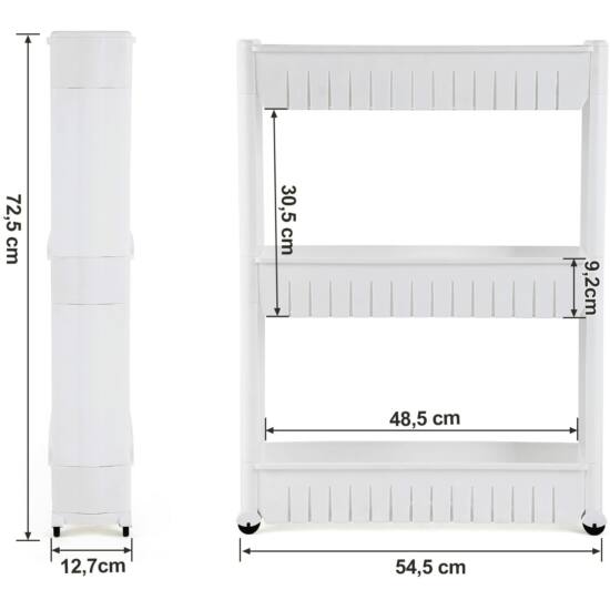 Keskeny csúsztatható tároló polc kerekekkel, 72,5 cm fehér-VASBÚTOR
