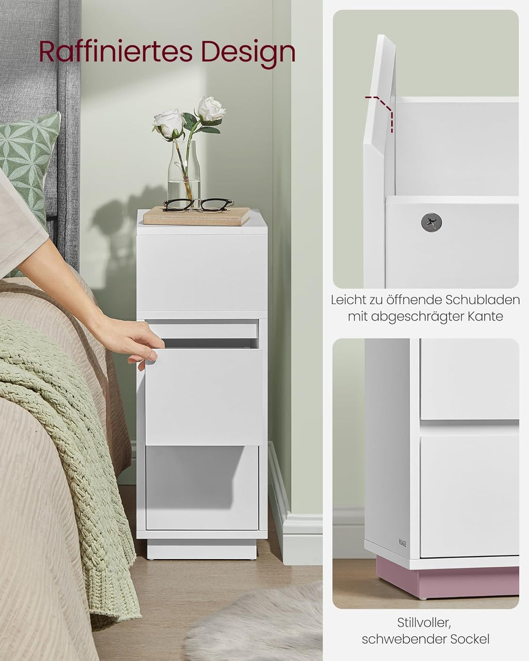 Keskeny éjjeliszekrények, 2 darabos szett,2 fiókkal balra vagy jobbra szerelhető, felhő fehér-VASBÚTOR