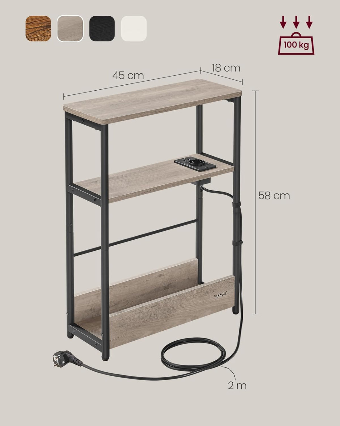 Keskeny oldal asztal töltő funkcióval 3 polcos, 18 x 45 x 58 cm Greige szürke fekete lábakkal-VASBÚTOR