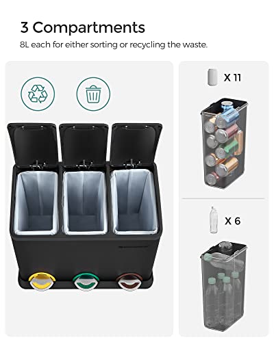 Kis szelektív konyhai hulladékgyűjtő, pedálos fedéllel, 3 x 8 literes vödörrel, acél, fekete-VASBÚTOR