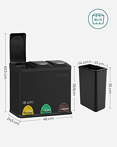 Kis szelektív konyhai hulladékgyűjtő, pedálos fedéllel, 3 x 8 literes vödörrel, acél, fekete-VASBÚTOR