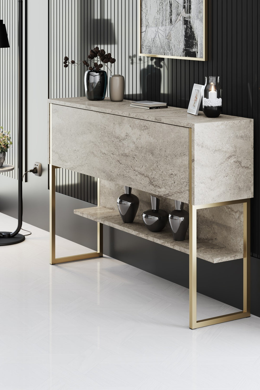Komód Luxe - Travertine, Gold-VASBÚTOR