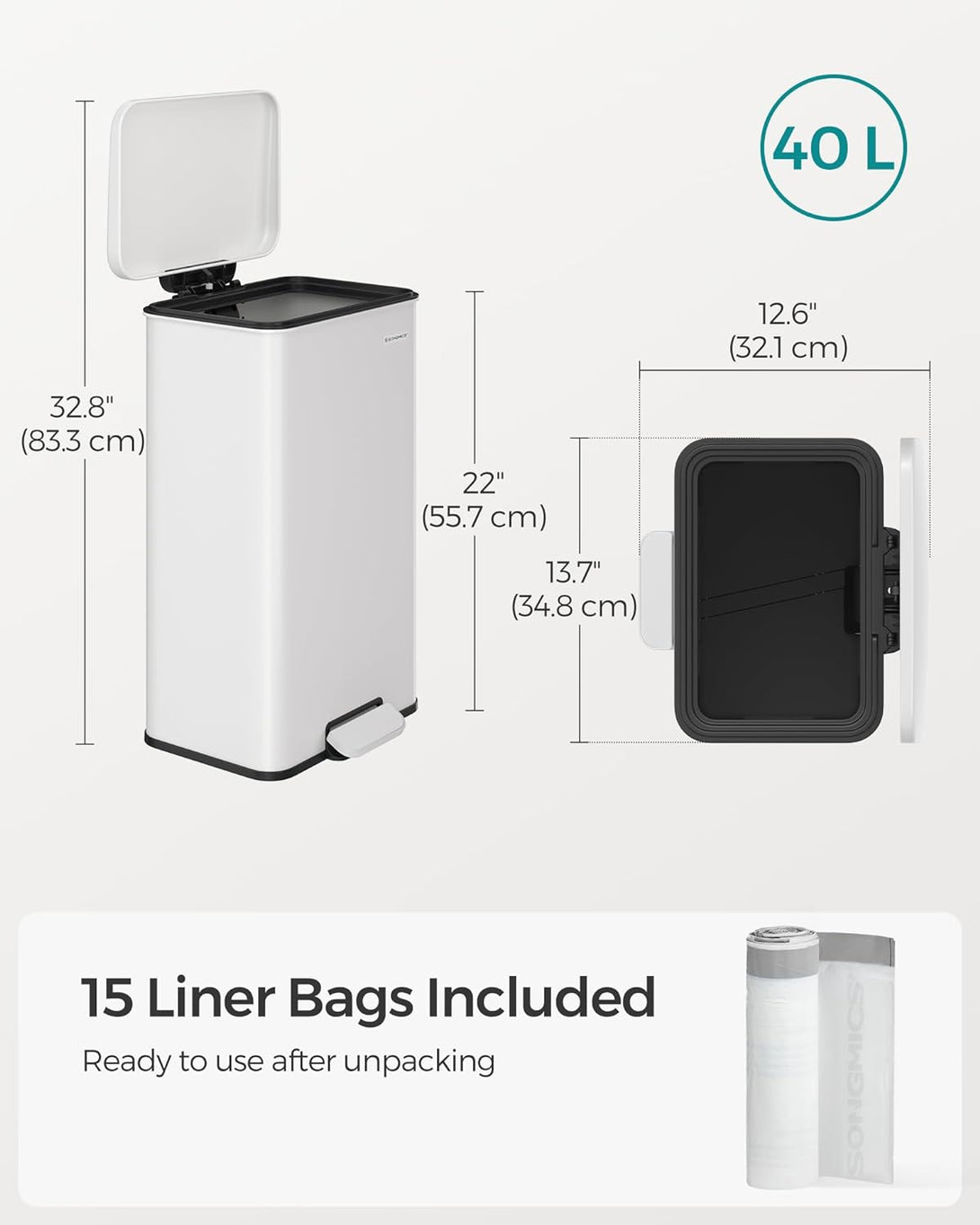Konyhai Szemetes 40L, Nagy pedálos kuka 15 szemeteszsák mellékelve, Fehér-VASBÚTOR