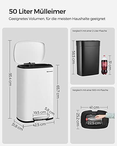 Konyhai pedálos kuka, 50L szemetes kuka, műanyag belső vödörrel, csukható fedéllel, puha záródással, szagálló és higiénikus, fehér-VASBÚTOR