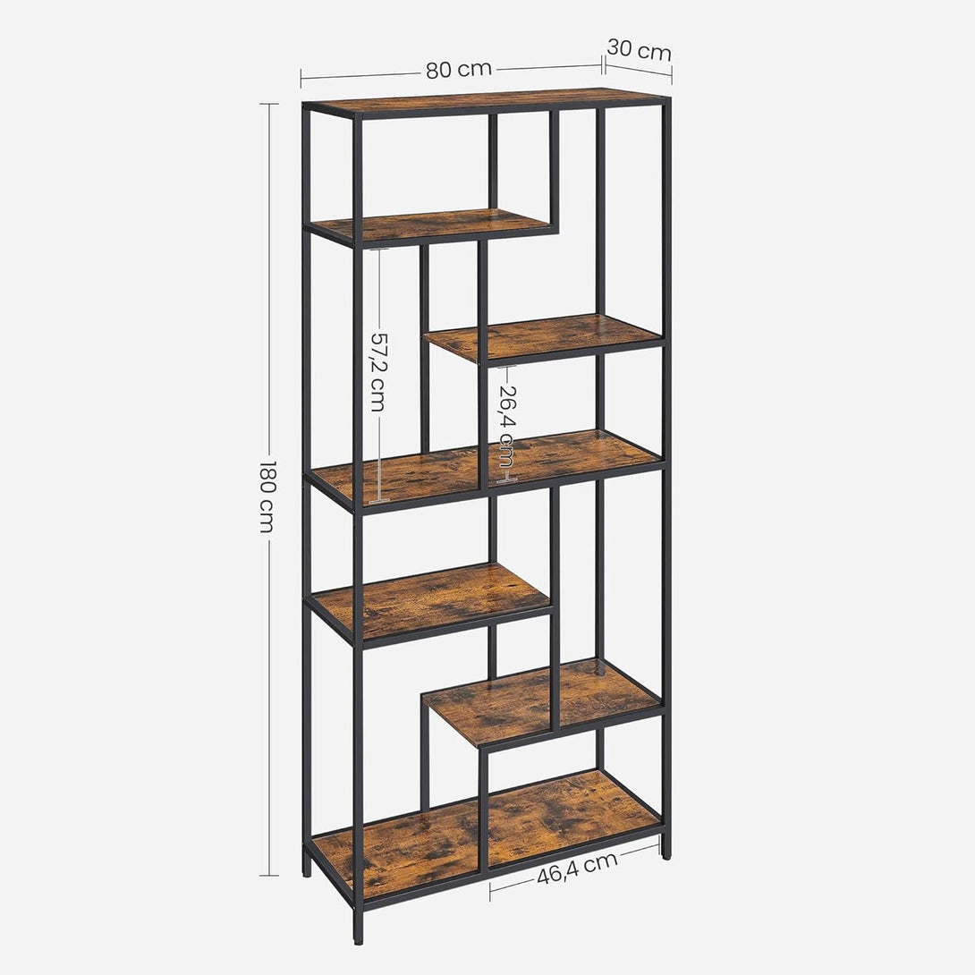 Könyvespolc, 6 szintes könyvespolc 30 x 80 x 180 cm, rusztikus barna és fekete-VASBÚTOR