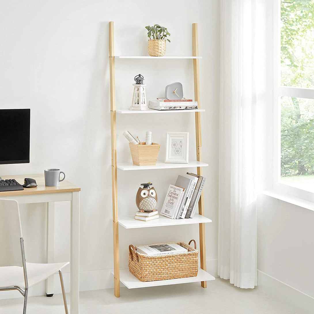 Könyvespolc állvány, 5 szintes létrapolc 60 x 171 x 35 cm, fehér-VASBÚTOR
