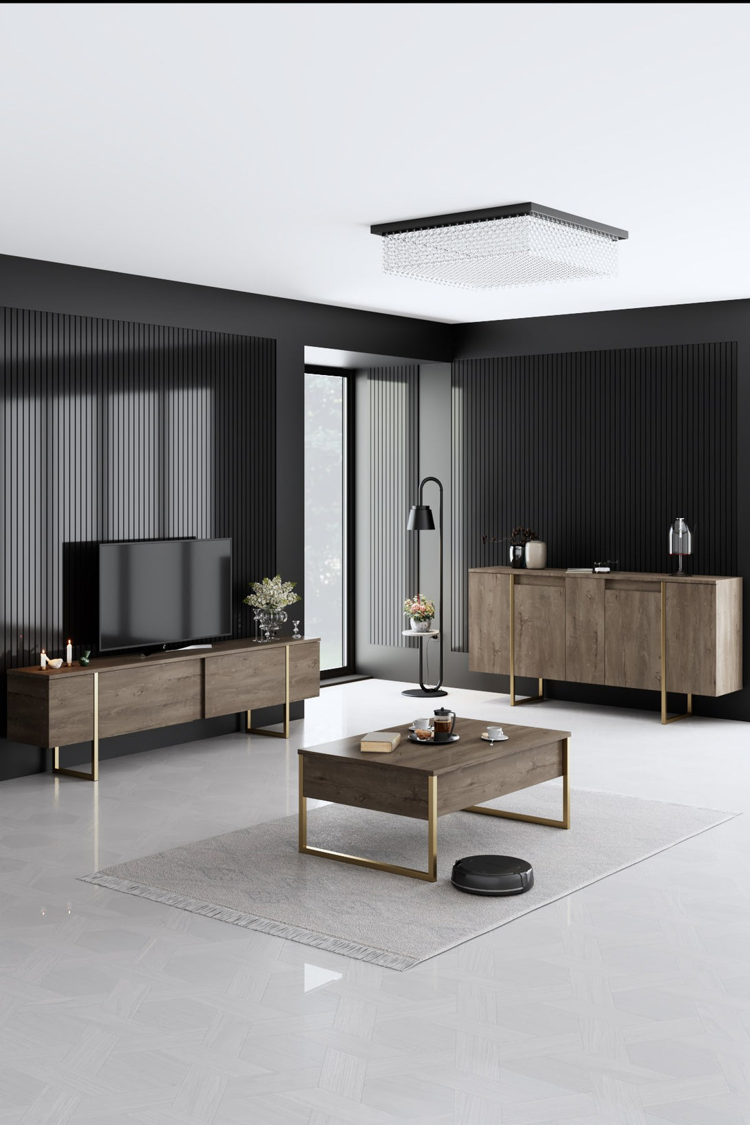 Konzolasztal Luxe - Walnut, Gold-VASBÚTOR