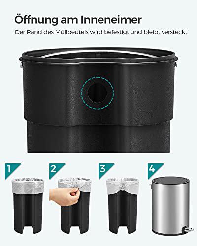 Kozmetikai szemetes, 3 L, fürdőszobai kuka fedéllel, pedálos, acél, ezüst-fekete-VASBÚTOR